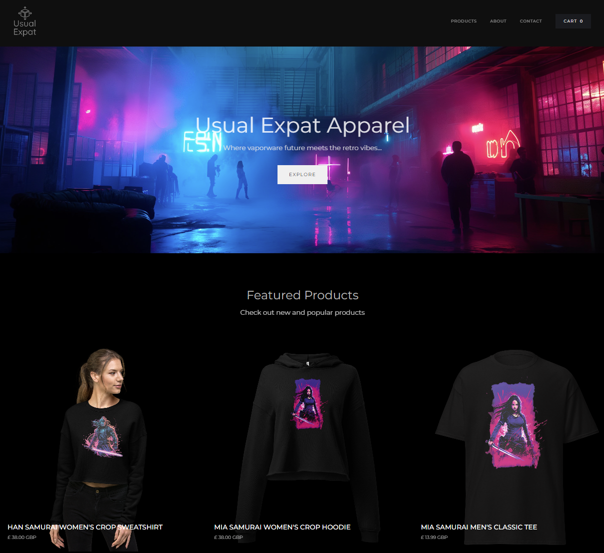 Screenshot of a website, cyberpunk retro-futuristic apparel shop.